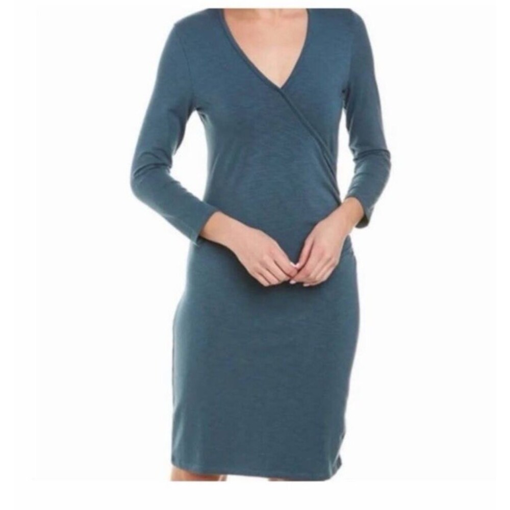 Lilla P Women's‎ Size M Blue Faux Wrap Dress 3/4 Sleeve Jersey Knit Pullover